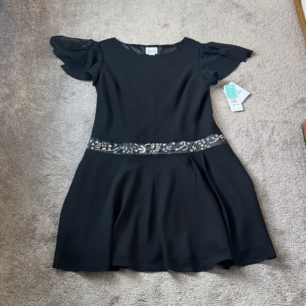 K Studio Black Fit & Flare Cocktail Dress Rhinestone Waist Flutter Sleeve SIZE 1